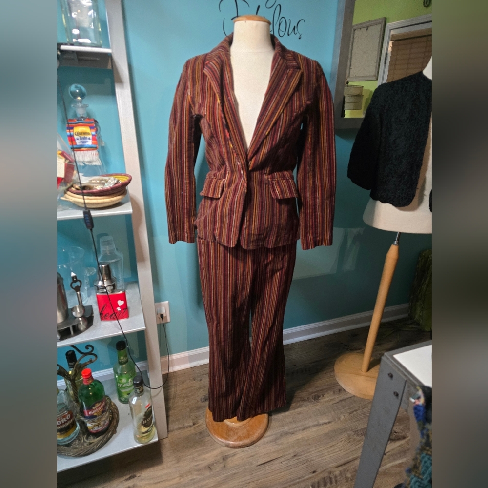 Vintage Multicolor Velvet Striped Pant Suit